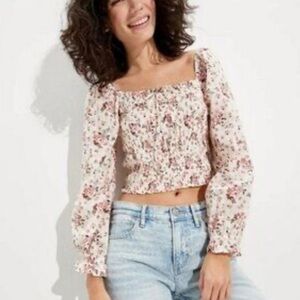 American Eagle Smocked Square Neck Babydoll Floral Top Sz Large